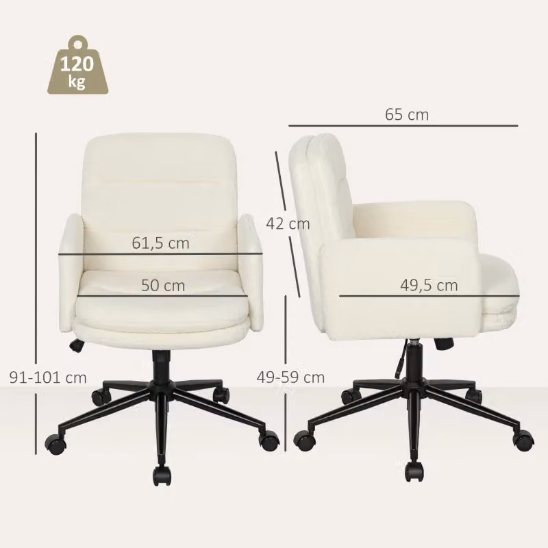 Sedia da ufficio girevole OKWISH con braccioli e funzione basculante, rivestimento in poliestere bianco, L: 61,5 cm, P: 65 cm, H: 91-101 cm – 2