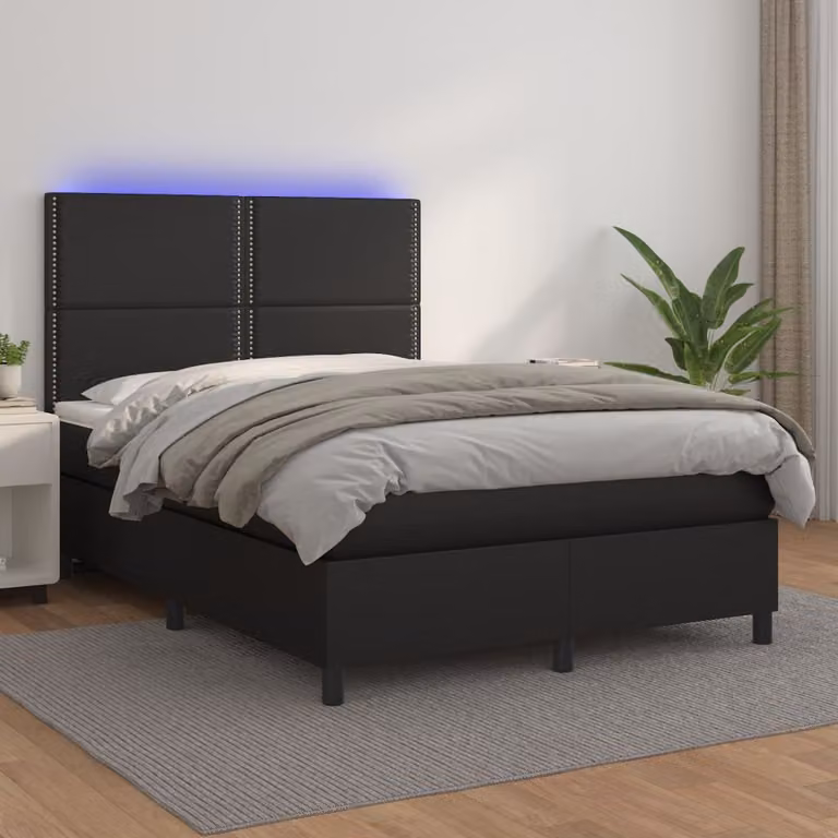 vidaXL Giroletto a Molle con Materasso e LED Nero in Similpelle, L/P: 140 x 190 cm