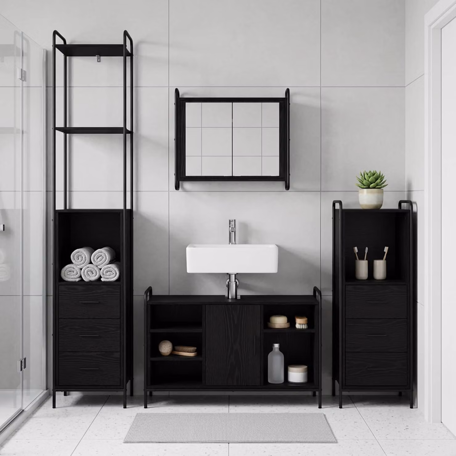 vidaXL Set di Armadi da Bagno 3 pz Rovere Nero 40 x 36 x 200,5 cm