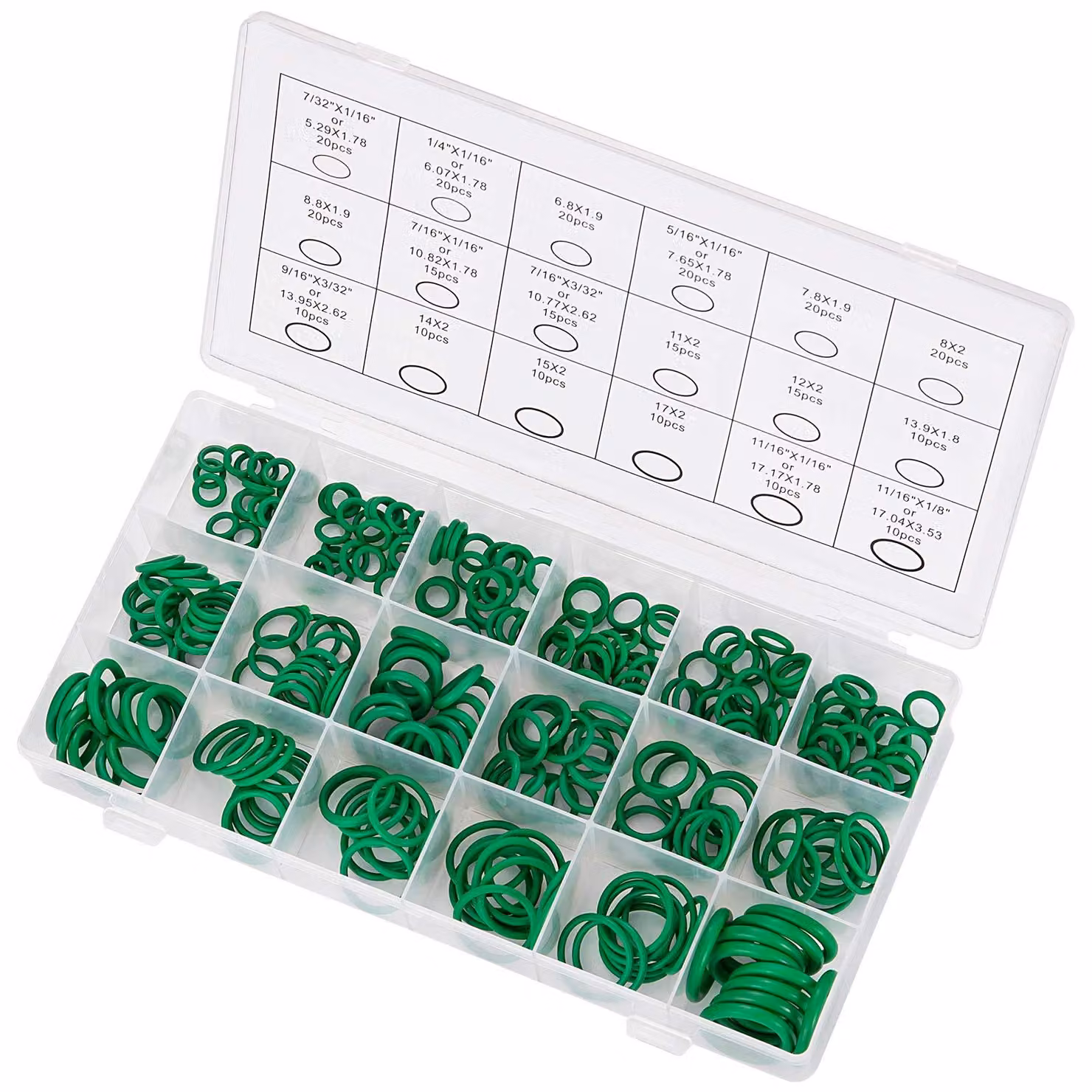 Assortimento di o-ring: 270 pezzi in 18 misure, in gomma nitrilica sintetica verde