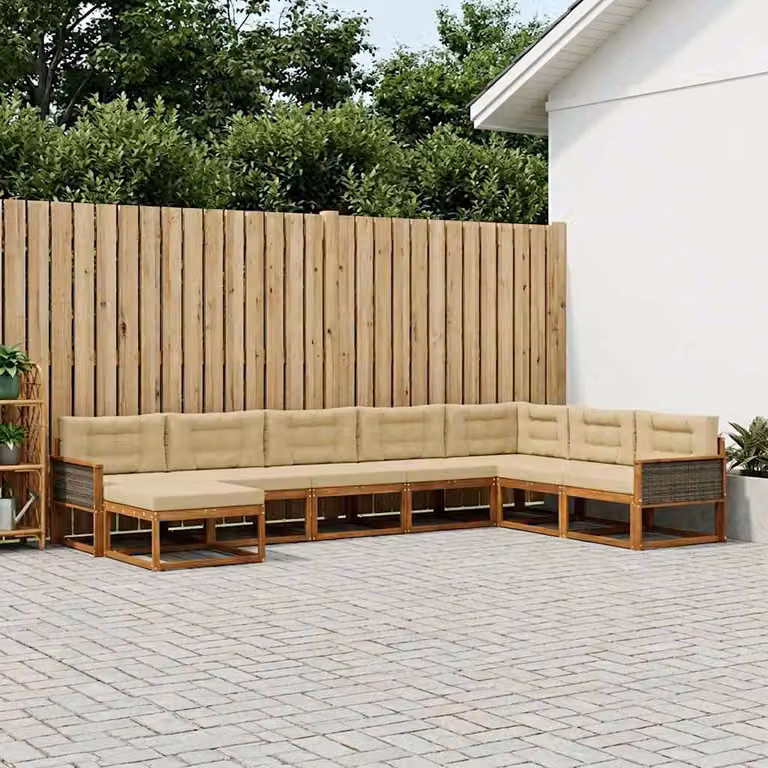 Set di divani da esterno vidaXL a forma di U in legno di acacia con pouf e cuscini, Beige e Marrone