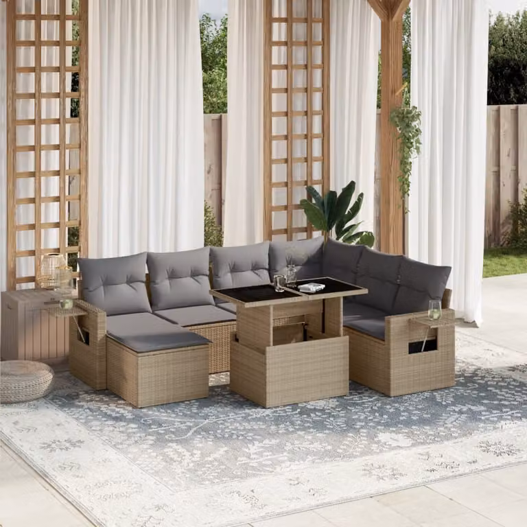 vidaXL Set Divano da Giardino 8 pz a Forma a L con Cuscini Beige e Grigio in Polyrattan e Acciaio Verniciato a Polvere
