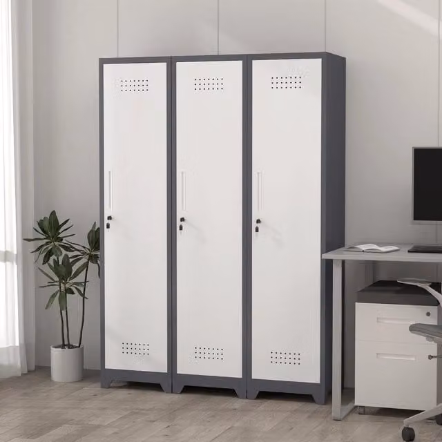 Armadietto in metallo OKWISH grigio con 4 scomparti e ante a battente per lavanderia, ufficio o bagno, L/P/H: 40.0 x 40.0 x 165.0 cm