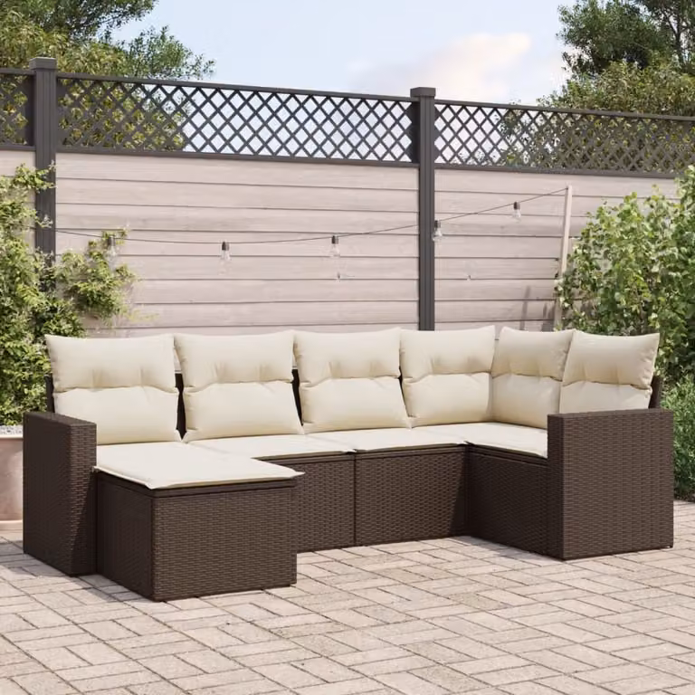 vidaXL Set Divano da Giardino a L in Polyrattan Marrone con Cuscini e Ottoman, 6 Pezzi
