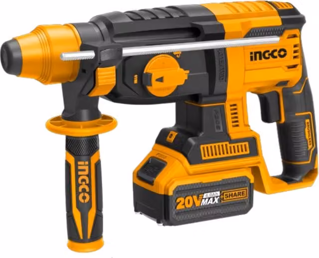 Martello demolitore a batteria INGCO 20V arancione con 2 batterie, 4 punte e caricabatterie