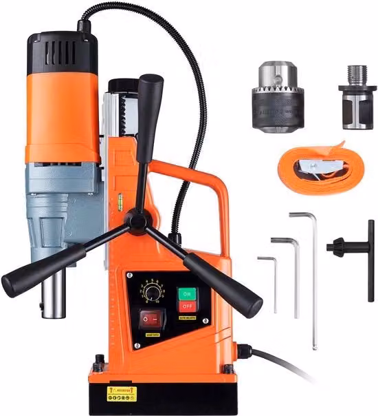 Trapano magnetico portatile MERKLOOS arancione da 1550 W con velocità variabile e diametro di lavorazione 1,57 pollici