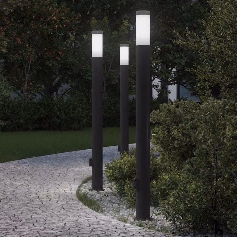 Set di 3 lampioni a colonnina vidaXL in acciaio inox nero con presa elettrica IP44, Altezza: 110 cm