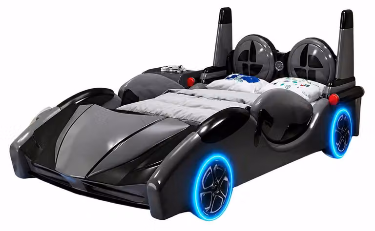 Lettino per bambini nero a forma di automobile, ideale per ragazzi, con luci LED e connessione Bluetooth