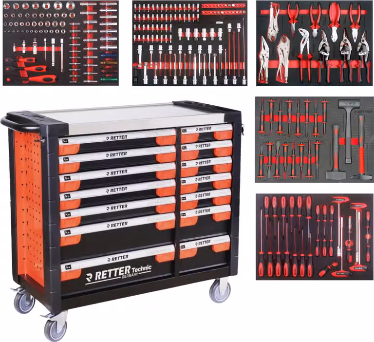 Carrello da officina RETTER RS3 con 14 cassetti e ripiano in acciaio inossidabile – 1020 x 460 x 1020 mm, ruote per carichi pesanti e chiusura centralizzata