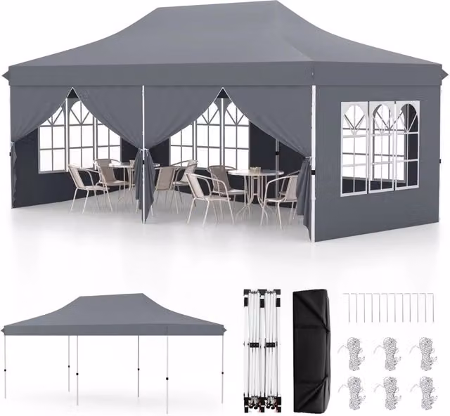 Tenda a scomparsa 3x6m con 6 pareti laterali rimovibili borsa da trasporto, Tenda gazebo pieghevole per feste Grigio-Gazebo