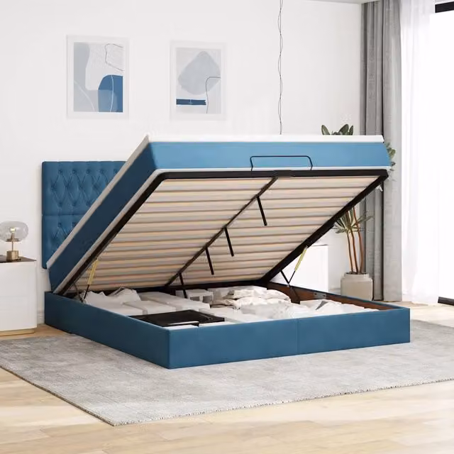 Letto moderno vidaXL in velluto blu con base contenitore a sollevamento, illuminazione sottostante e porta di ricarica USB, L/P/H: 160 x 200 x 128 cm