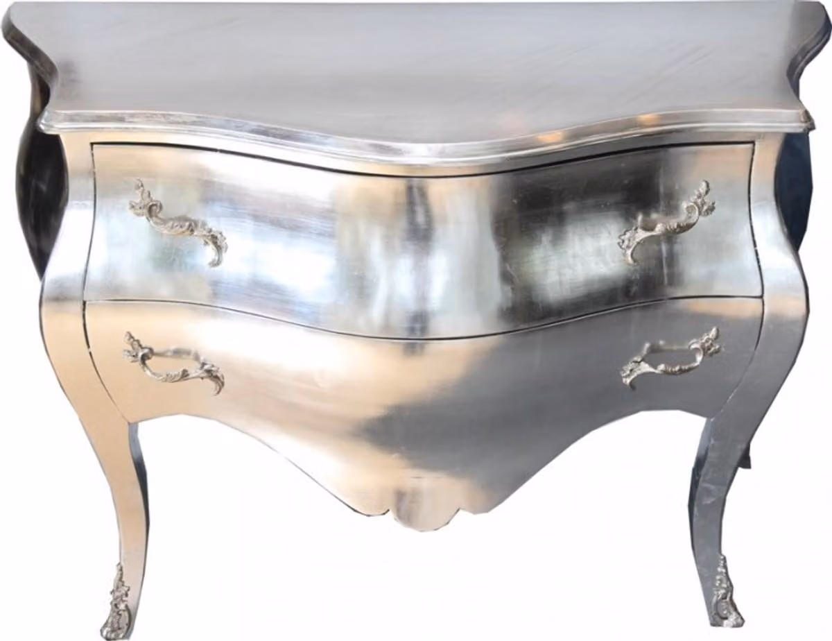 Comò in stile barocco "Casa Padrino", realizzato a mano in legno massello, color argento, dimensioni 120 x 55 x 85 cm
