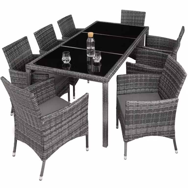 Set da giardino moderno TecTake in polyrattan e metallo con tavolo in vetro, colore grigio
