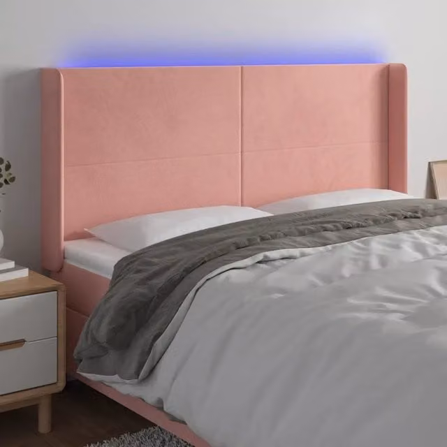 Testiera con LED Design Mania in Velluto Rosa con Porte USB, L: 183 cm, P: 16 cm, H: 118-128 cm