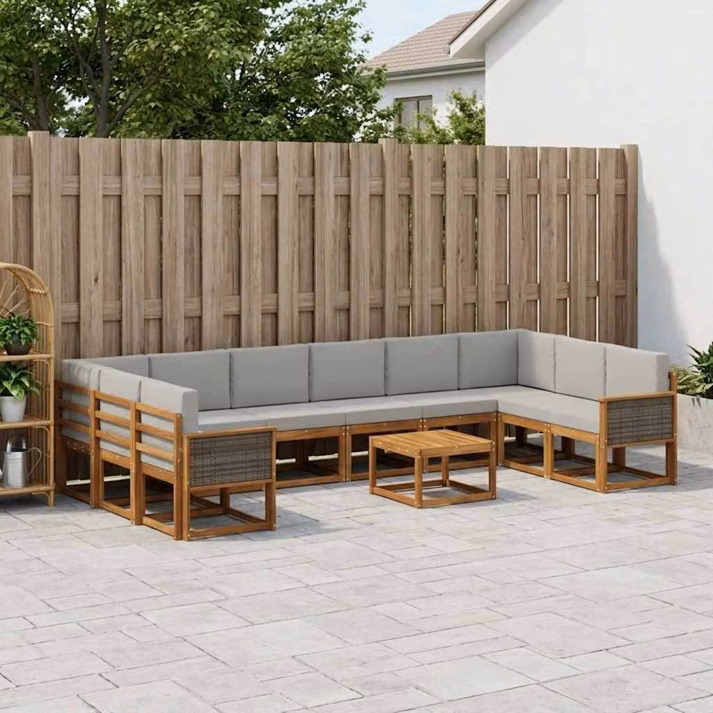 Set di divani da esterno vidaXL 11 pezzi in legno di acacia con cuscini, colore marrone e grigio chiaro