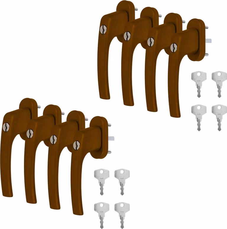 8 x maniglia per finestra in alluminio marrone RAL 8008 con serratura - lunghezza perno 40 mm