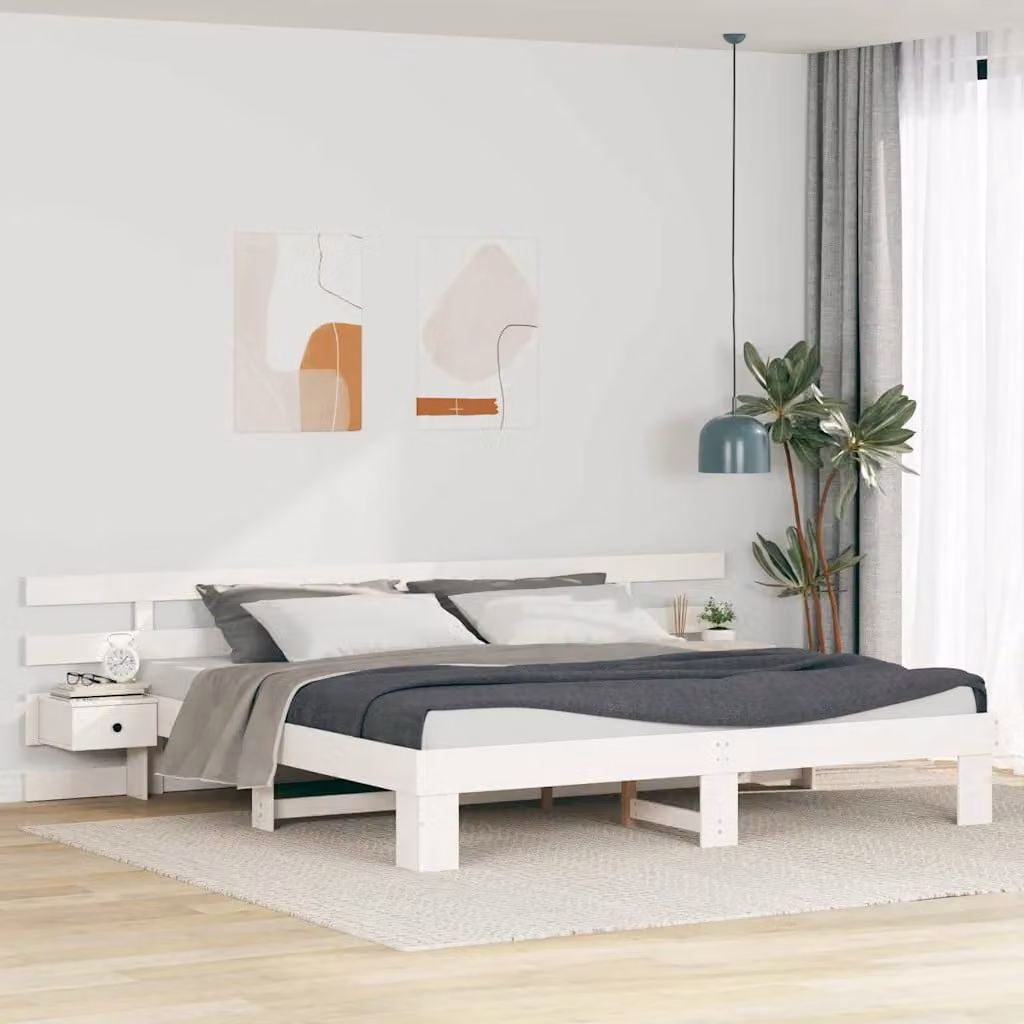 Struttura del letto moderna vidaXL in pino massello laccato bianco 200 x 200 cm – 1