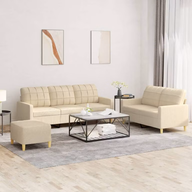 vidaXL Set di Divani Moderno 3 Pezzi con Pouf e Cuscini in Tessuto Beige