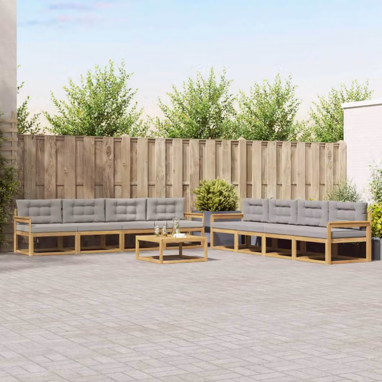 vidaXL Set di divani da esterno a forma di U composto da 9 pezzi con tavolino, in legno di acacia e tessuto bianco, grigio e marrone