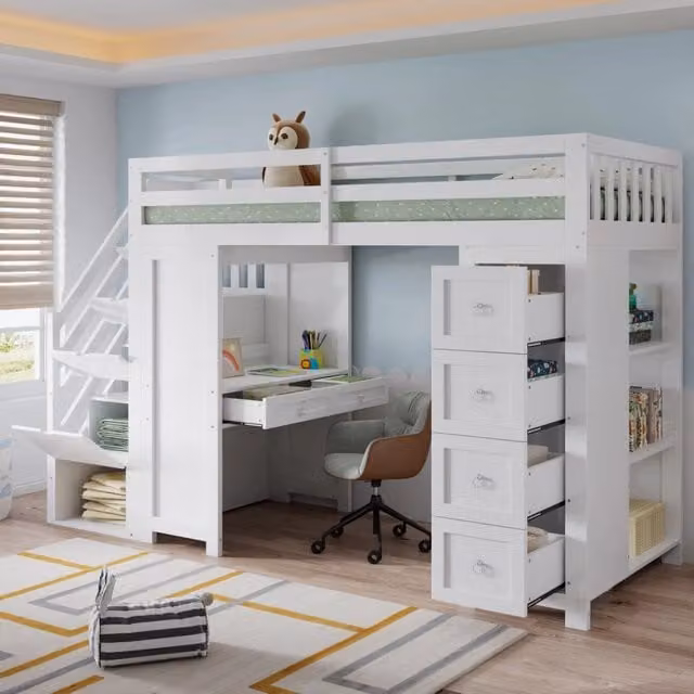 Letto a soppalco singolo in legno bianco con scrivania, cassetti e scala per cameretta, L/P/H: 200 x 90 x 254 cm