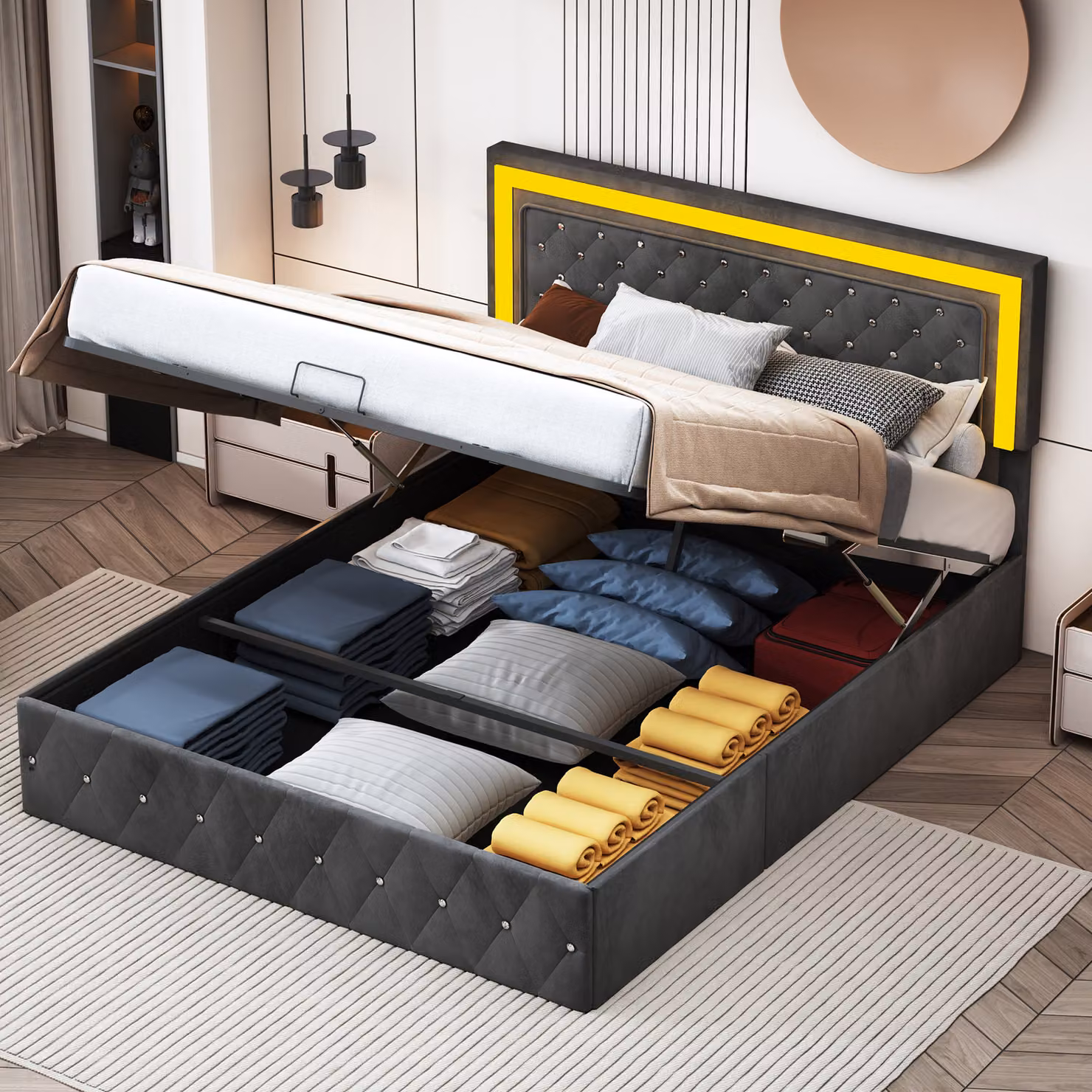 Letto imbottito ProximaX nero 160x200cm, letto matrimoniale con contenitore, testata regolabile in altezza, illuminazione LED e rete a doghe, rivestimento in velluto