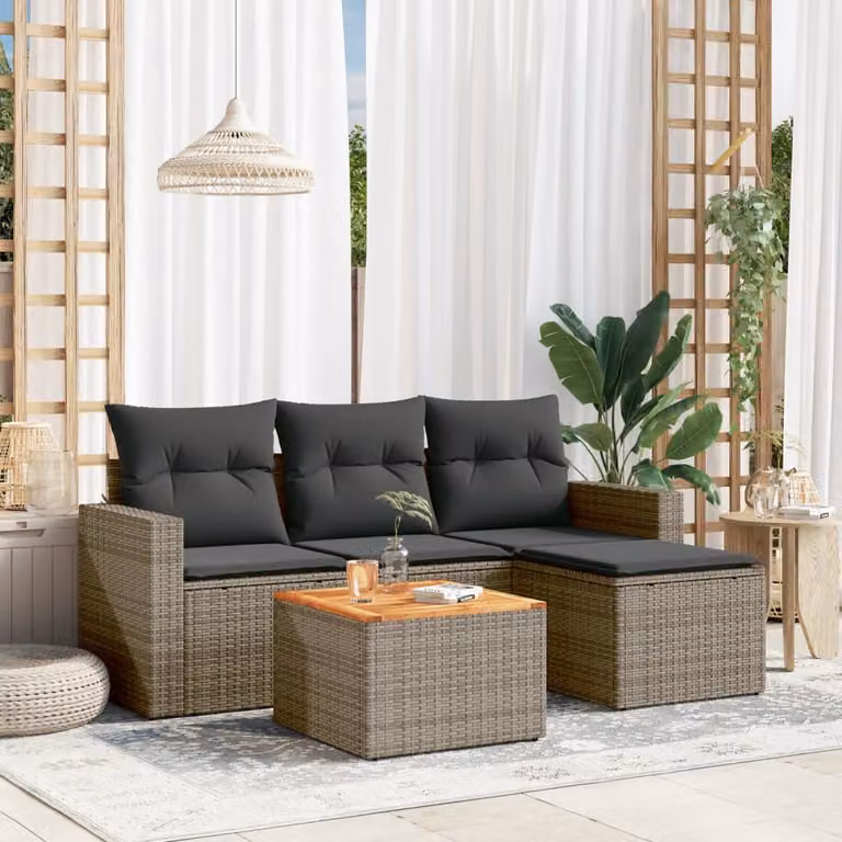vidaXL Set Divano da Giardino 5 pz a L in Polyrattan Grigio con Cuscini e Tavolino da Caffè