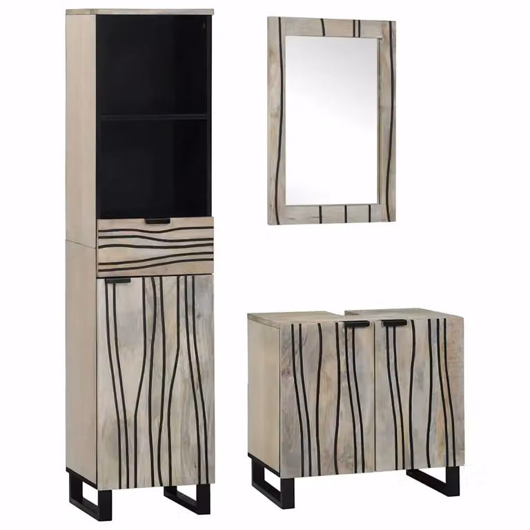 Set di mobili per il bagno moderno vidaXL in 3 pezzi Bianco, composto da armadietto con specchio, mobile lavabo e colonna alta, L/P/H: 62 x 33 x 160 cm