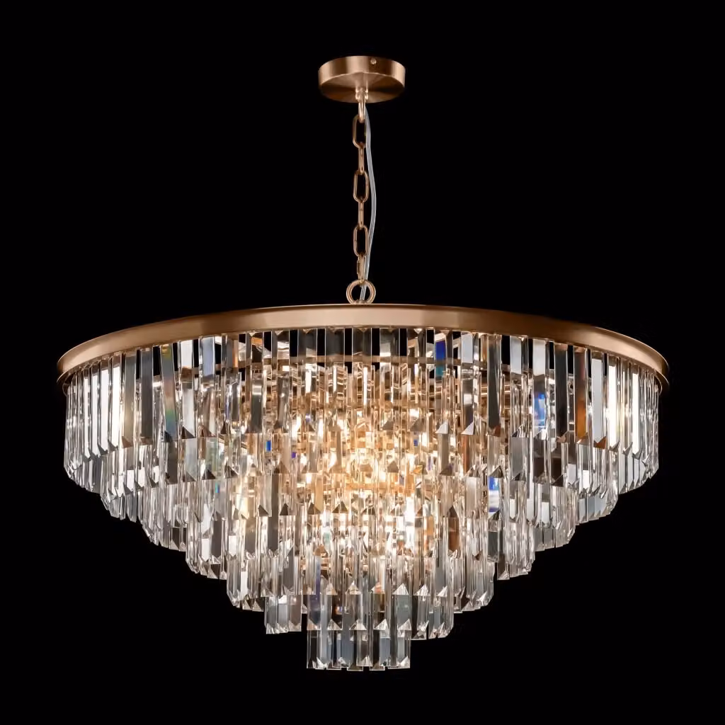 Lampada pendente Neoclassic Revero GIORDANOSHOP in metallo, vetro e cristallo color ottone con altezza regolabile, L: 40.0 cm, P: 16.0 cm, H: 52.0 cm – 2
