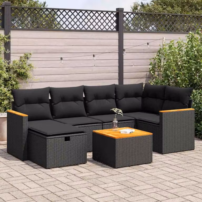 Set Divano da Giardino a L vidaXL in Polyrattan con Cuscini e Tavolino, 7 Pezzi, Nero e Marrone