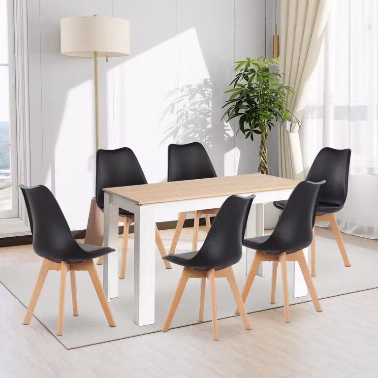 Tavolo da pranzo rettangolare con 6 sedie. Dimensioni: 120 cm. Piano in legno effetto noce e bianco, gambe nere in plastica effetto legno di faggio
