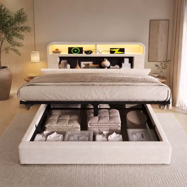 Letto Matrimoniale REDOM in Velluto Beige con Base a Sollevamento, Illuminazione Sotto il Letto, Porte USB e Ripiano Integrato, L/P/H: 140 x 200 x 110 cm – 1