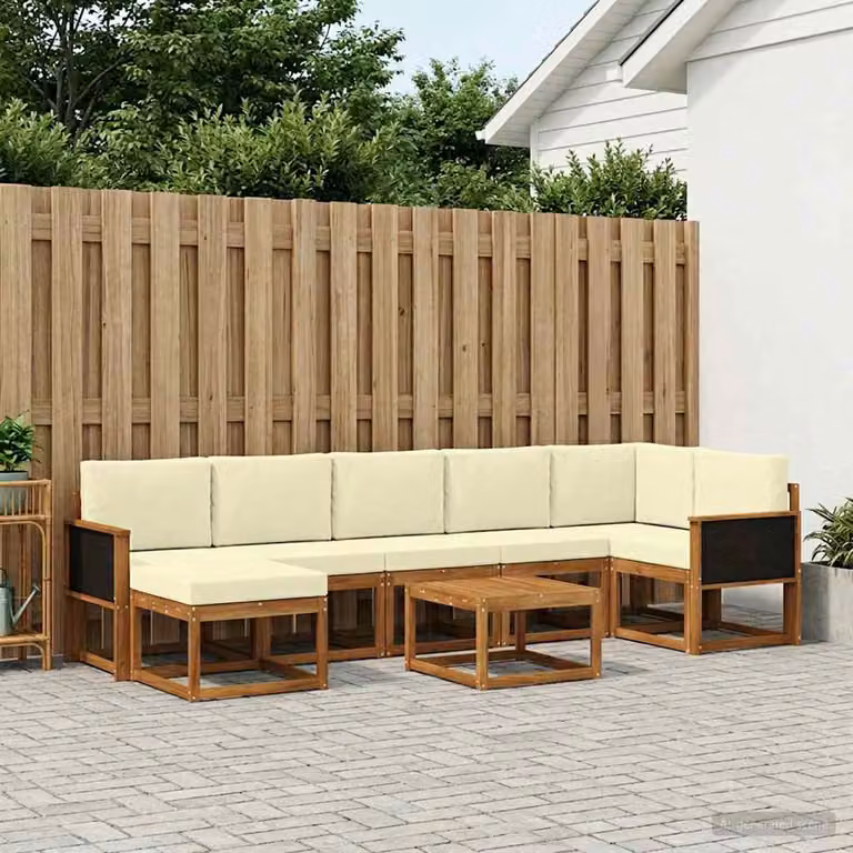 Set di divani da esterno vidaXL 8 pz in legno di acacia con cuscini, forma a L, beige e bianco