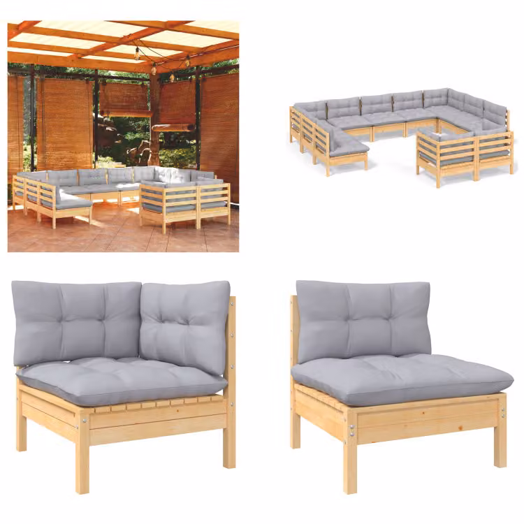 vidaXL set salotto da giardino 11 pezzi con cuscini grigi in pino massiccio - Set salotto da giardino - Set salotto da giardino - Set mobili da giardino - Set mobili da giardino