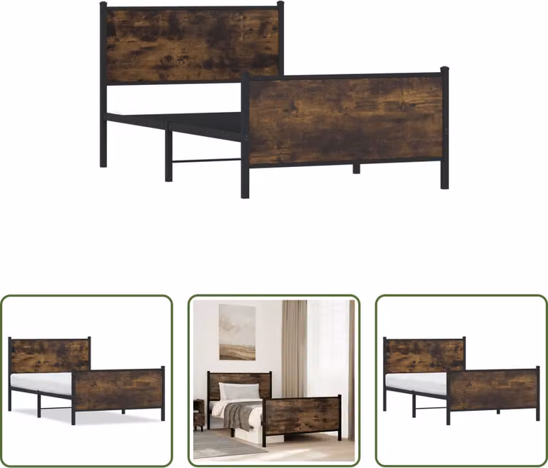The Living Store Struttura letto con testiera e pediera in metallo rovere fumé 100x190cm