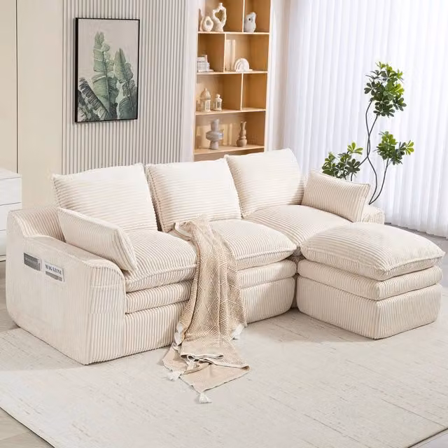 Divano modulare 3 posti con pouf - Zephmum - Beige - Cuscini e tasche laterali, schiuma a 3 strati