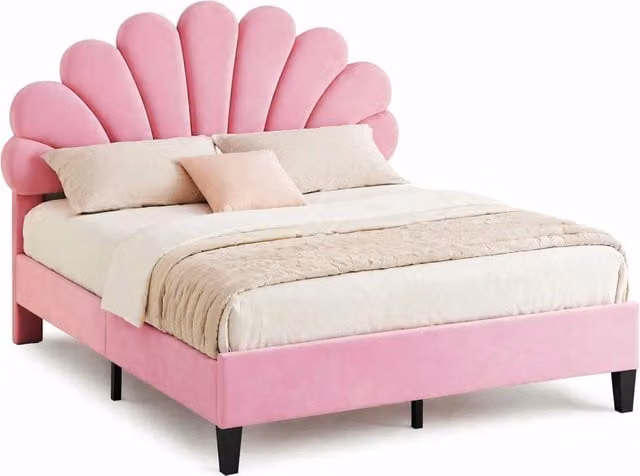 Letto matrimoniale imbottito 140x200 cm con testiera a fiore e doghe; velluto rosa