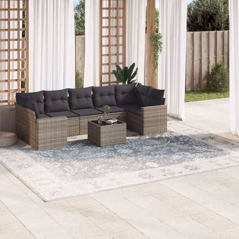 vidaXL Set Divano da Giardino a L 8 pz in Polyrattan Grigio con Cuscini e Tavolino