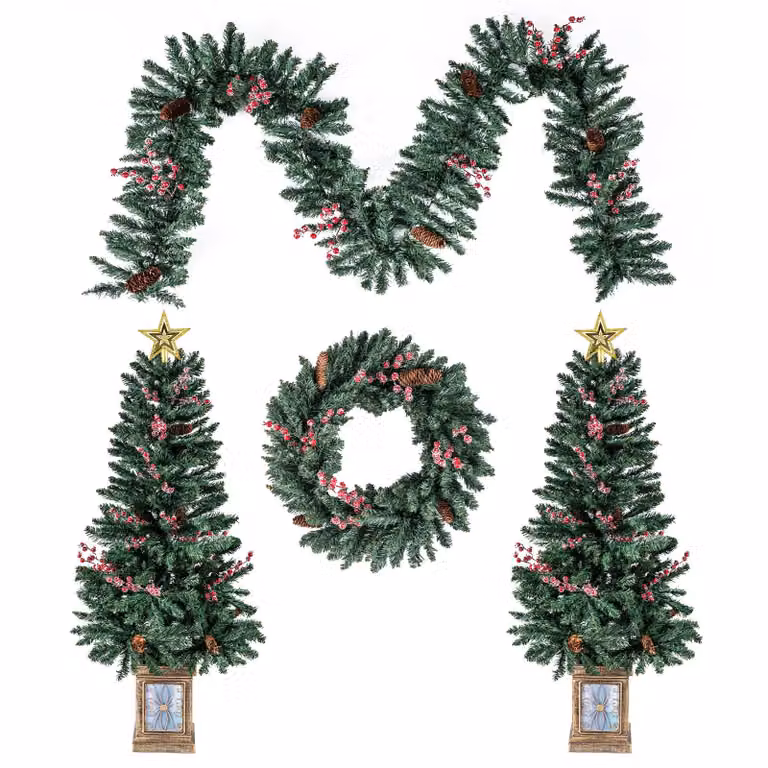 COSTWAY Albero di Natale artificiale in vaso set di 2, mini abete da 120 cm con ghirlanda natalizia,  di Natale, pigne, bacche e stelle, verde