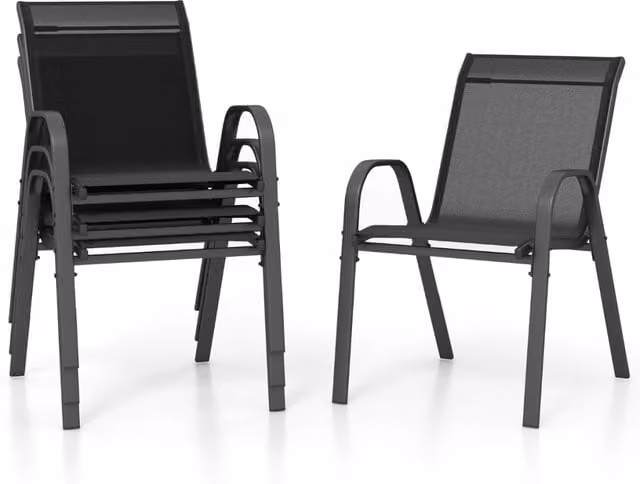 Set di 4 sedie da patio impilabili in metallo con braccioli e tessuto traspirante nero per giardino, balcone o terrazza