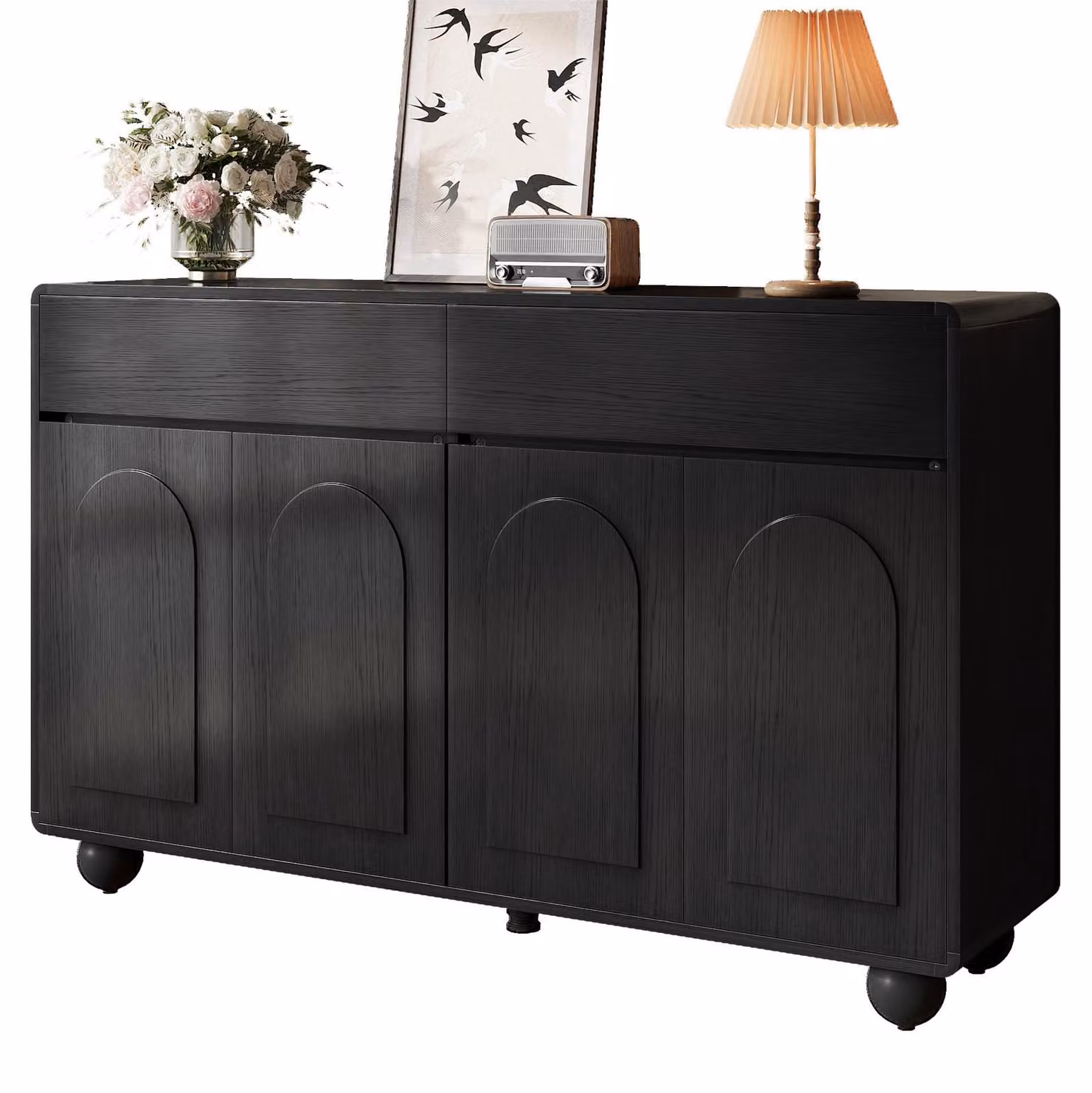 Mobile contenitore Moonbite, 140 cm, con ante curve, mobile soggiorno a 4 ante e 2 cassetti, piedi in metallo, pannello MDF, colore nero