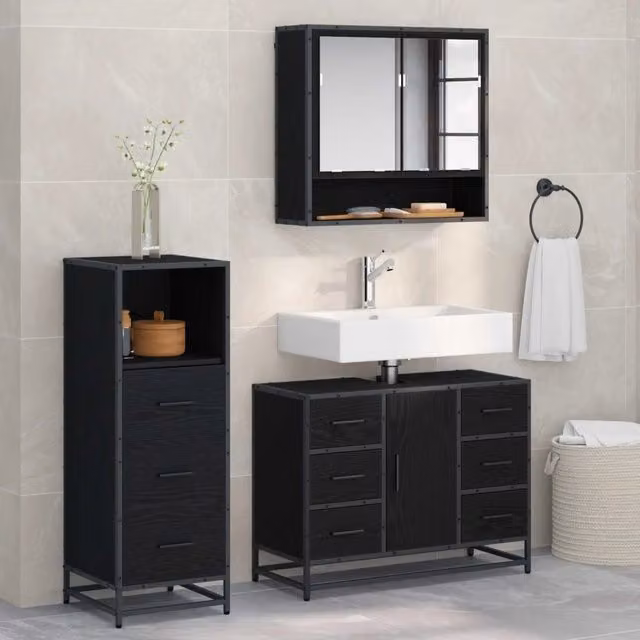 Set di mobili per il bagno 3 pz Rovere Nero 80 x 33 x 60 cm 3402496