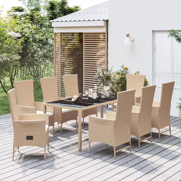 Set da pranzo da giardino vidaXL in polyrattan con tavolo in legno di acacia e vetro e 9 pezzi con cuscini beige e bianchi