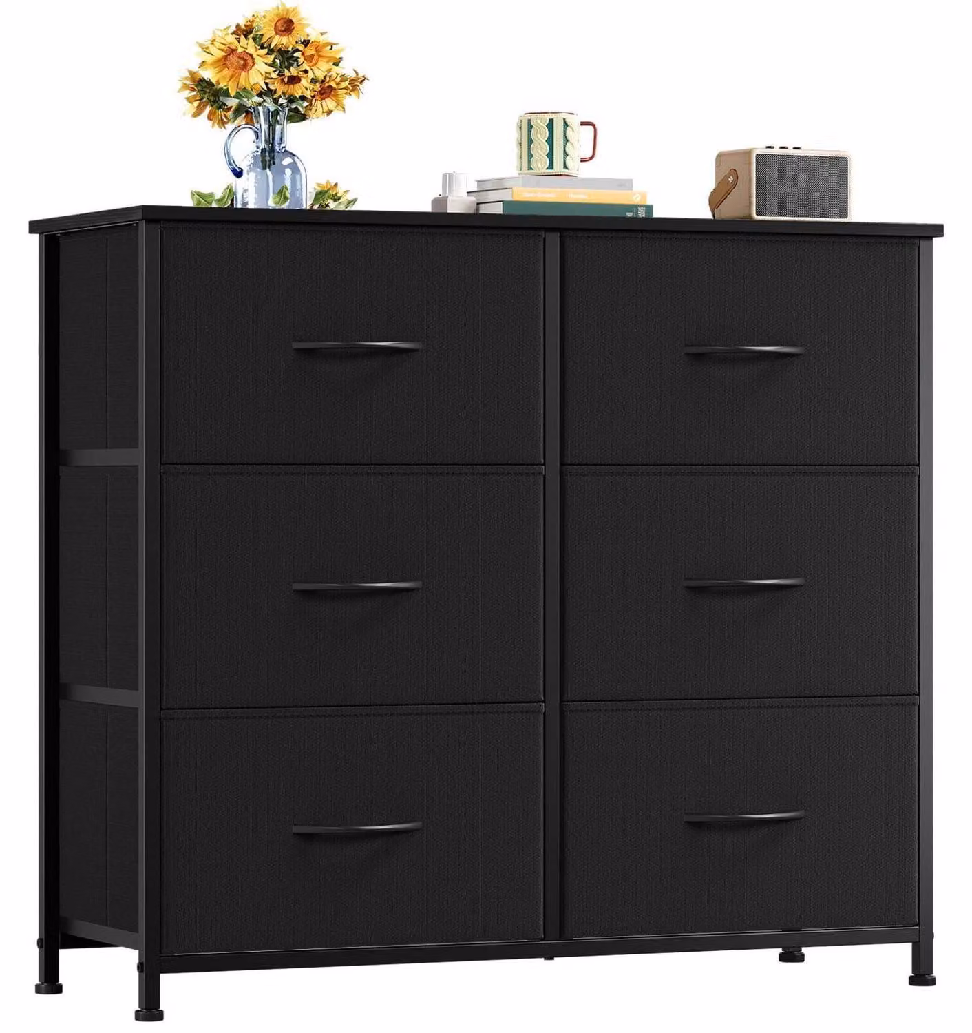 Comodino con cassetti rivestiti in tessuto, colore nero, dimensioni 30x80x71,5 cm, 6 cassetti