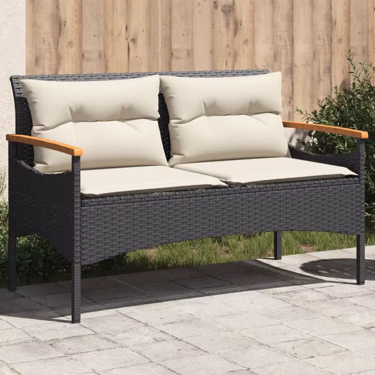 Panchina da giardino vidaXL con cuscini in rattan e legno di acacia, L: 116 cm, P: 62,5 cm, H: 74 cm, Nera e Bianca
