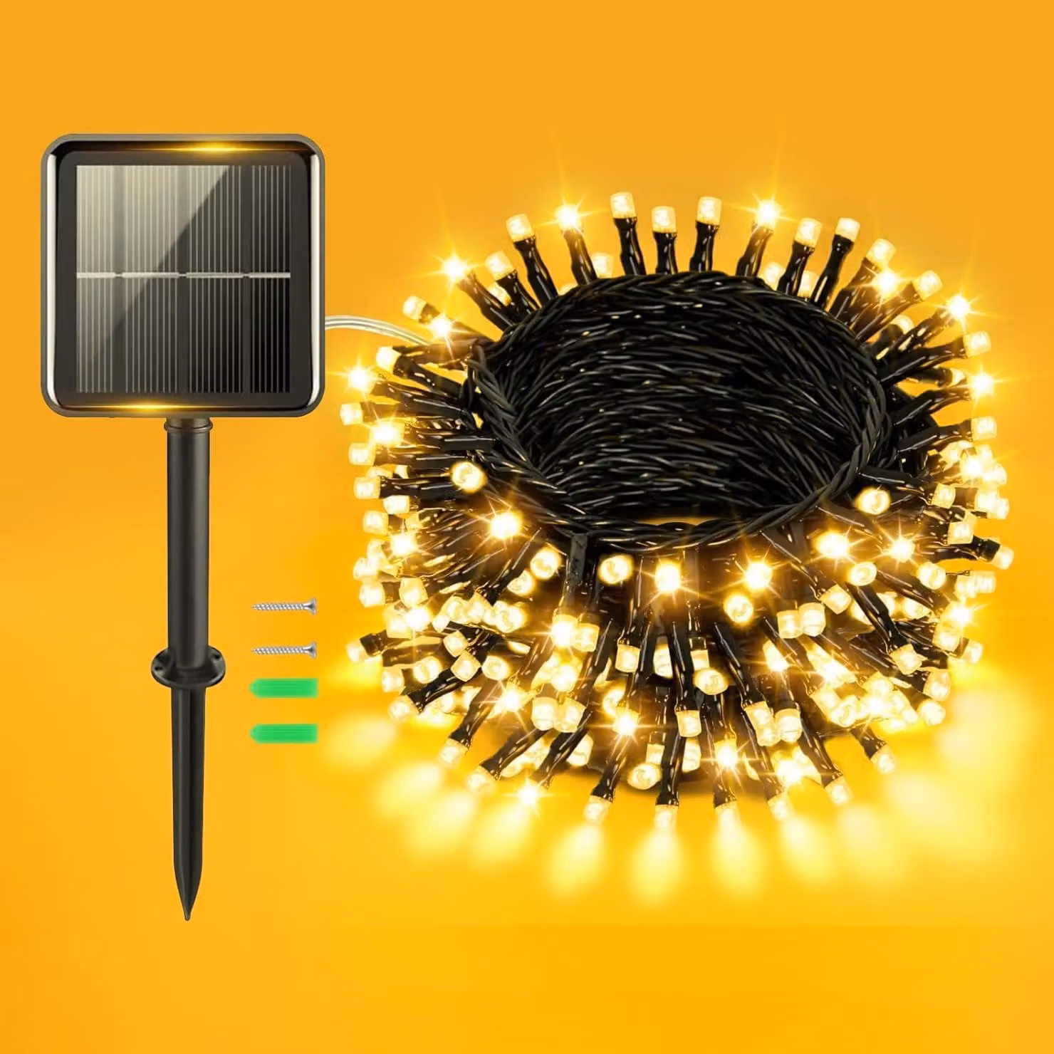 Catena luminosa solare, 12 metri, 120 LED, luce bianco caldo, grado di protezione IP65, 8 modalità