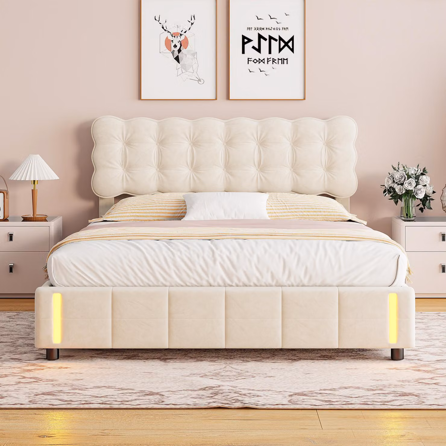 Letto imbottito Moonbite, 160x200 cm, tessuto velluto beige, illuminazione LED, struttura con molle insacchettate, rivestimento trapuntato