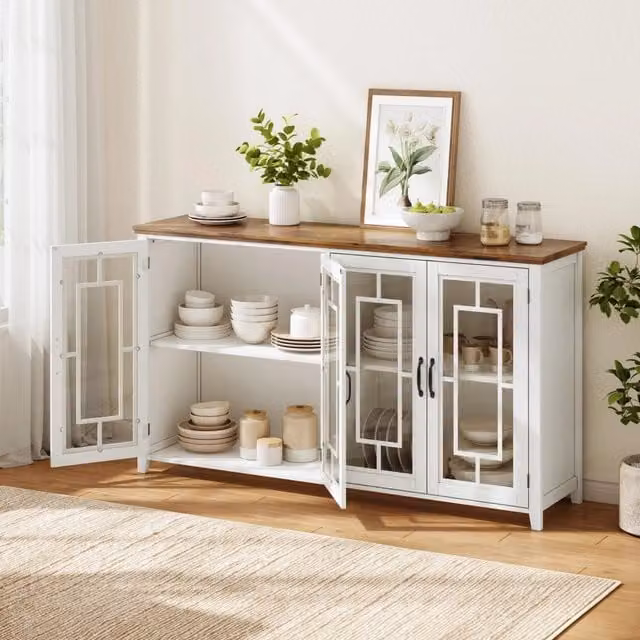 Credenza da cucina moderna con ante in vetro e ripiani fissi in MDF, piano effetto legno, colore bianco, L: 160 cm, P: 40 cm, H: 86 cm