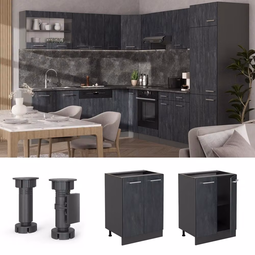 Mobiletto base cucina R-Line Vicco in MDF opaco, colore Calce nera e Antracite, L: 60 cm, H: 81,6 cm, P: 27,9 cm – 2