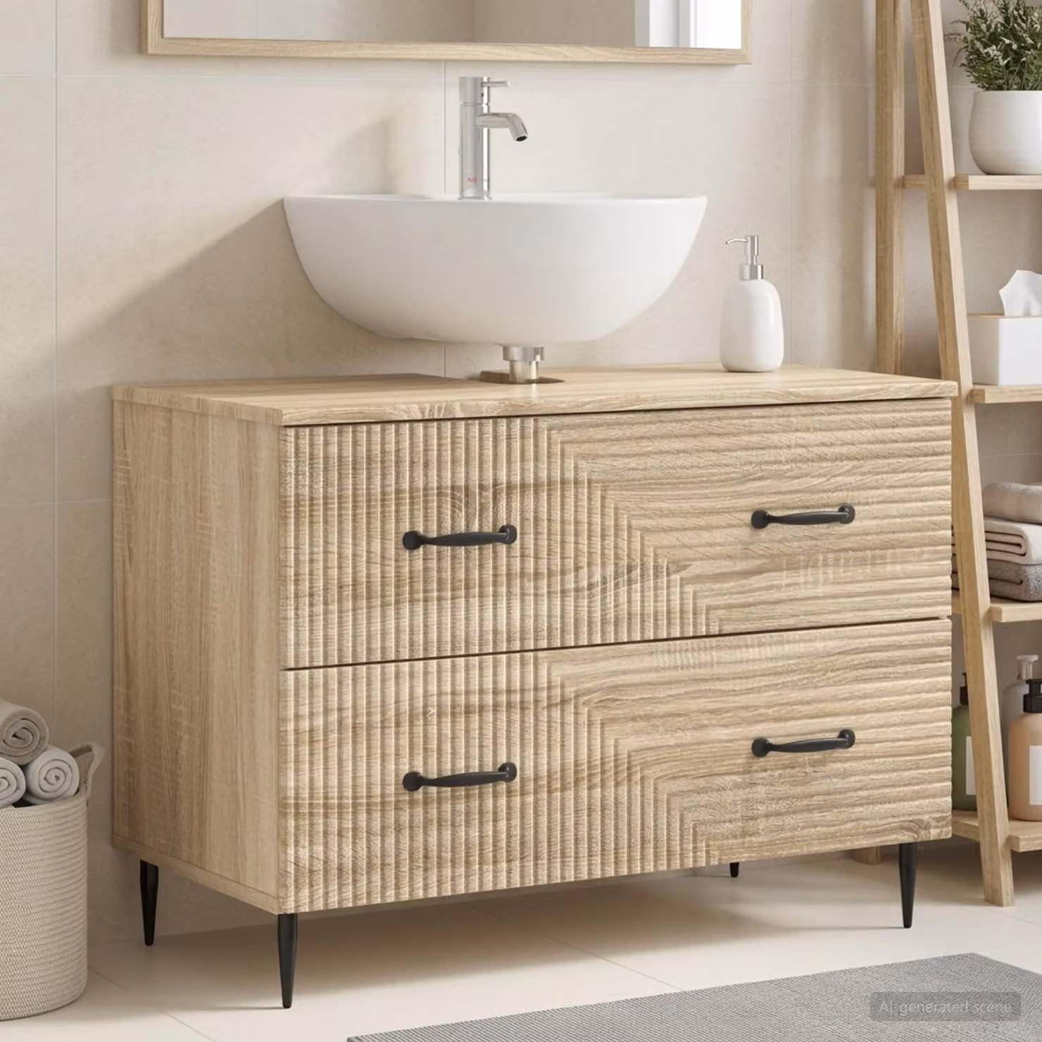 Armadio per lavabo da bagno vidaXL HAARLEM Rovere Sonoma con ante a battente e cassetti interni, Marrone