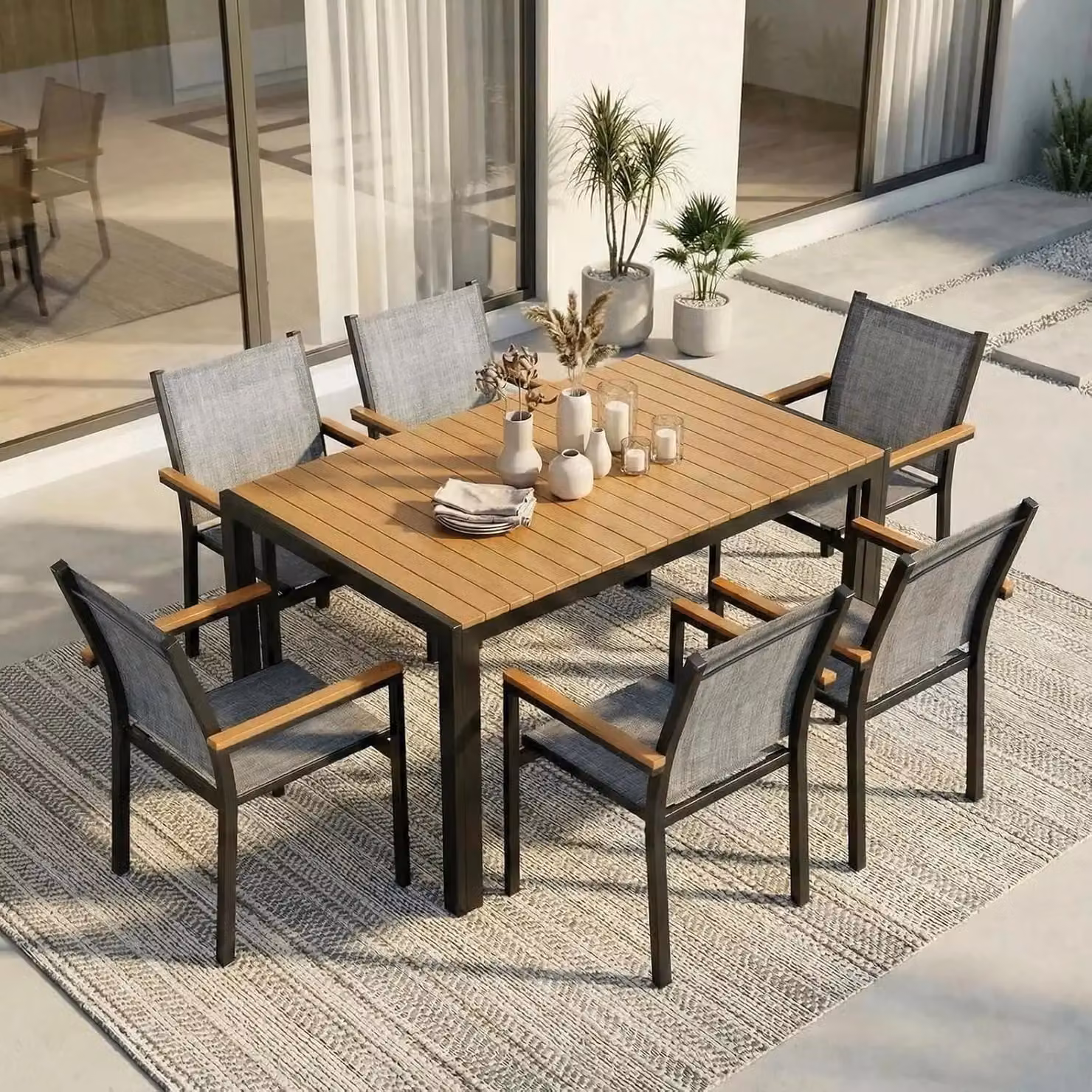 Sedie da giardino e da sala da pranzo - Set di 6 sedie da esterno impilabili - Struttura in alluminio - Rivestimento in textilene - Con braccioli - Portata massima: 150 kg - Colore: grigio lino